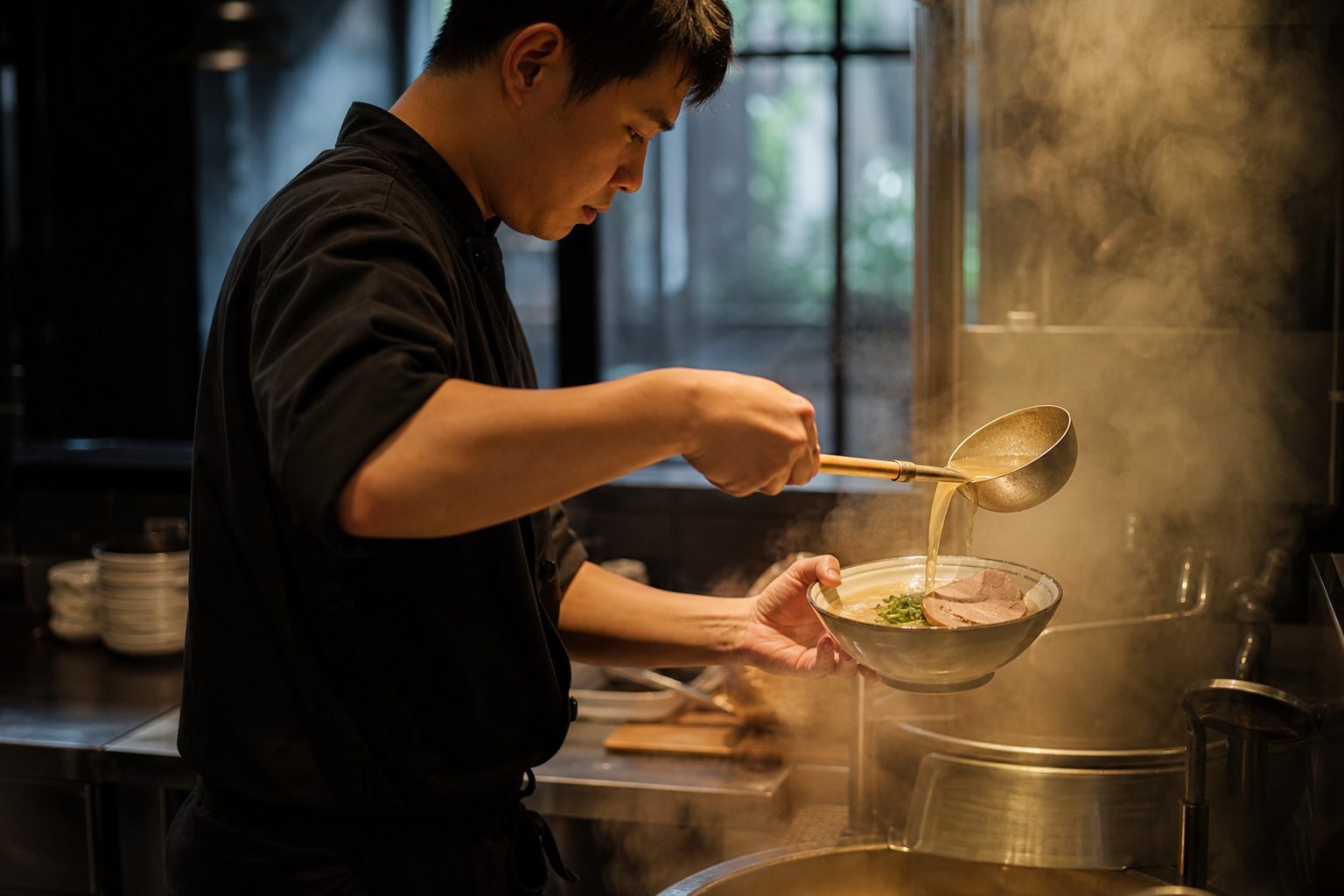 拉麵職人熬煮湯頭並將湯舀入碗中的製作情境